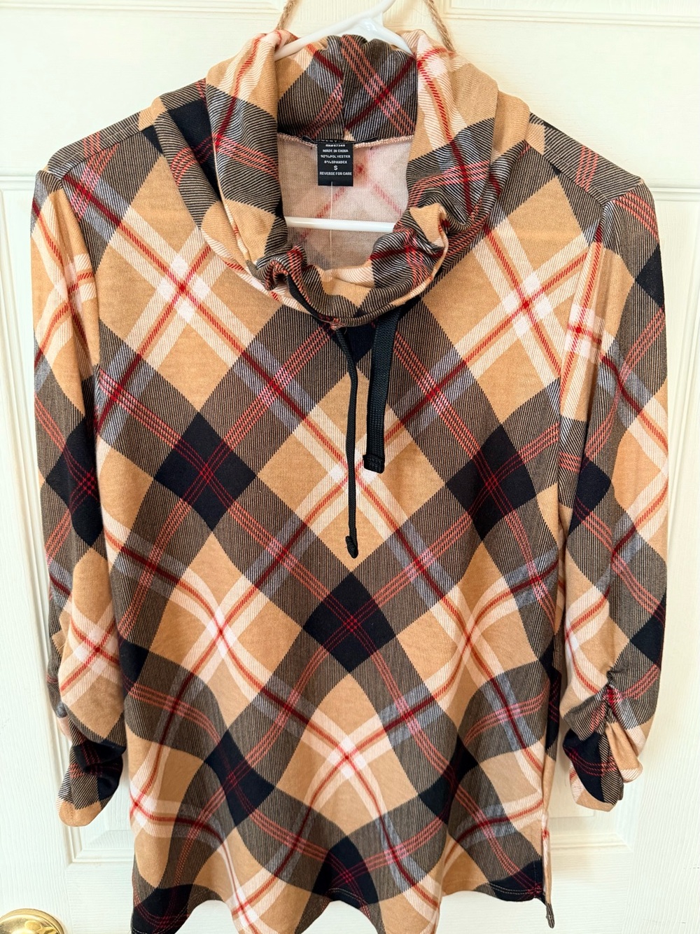 Plaid Cowl Neck Tunic in Camel, Black & Red - New with Tags Smoke Free